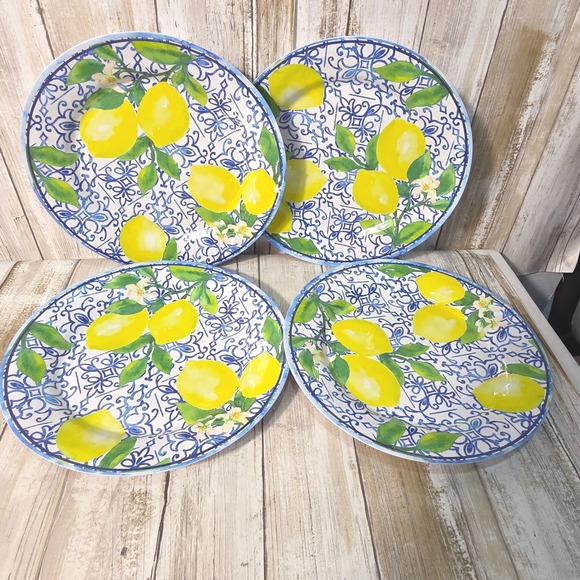 Unbranded Other - Set of 4 Melamine Lemon Dinner Plates Blue White Mediterranean Tile Citrus 10in